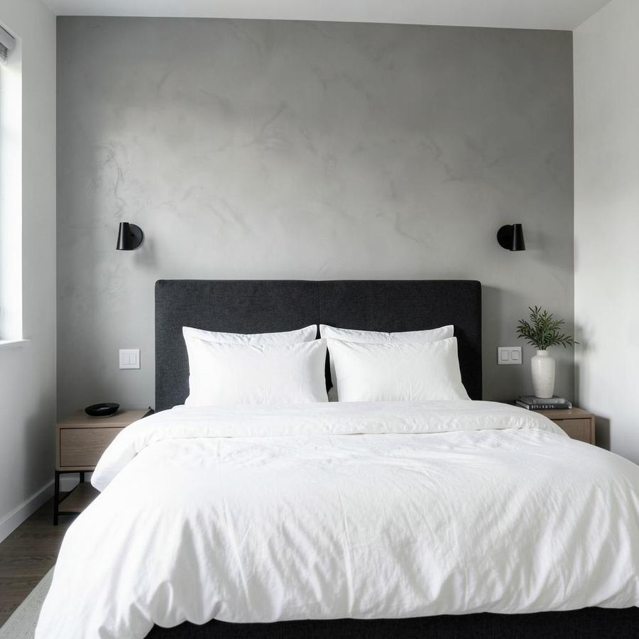 Guest bedroom in white linen with charcoal headboard