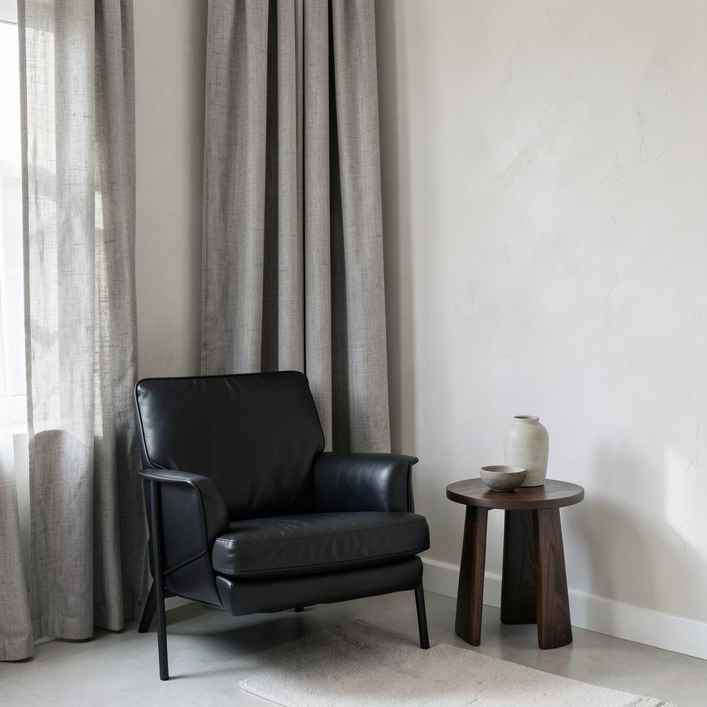 Reading corner with black leather lounge chair