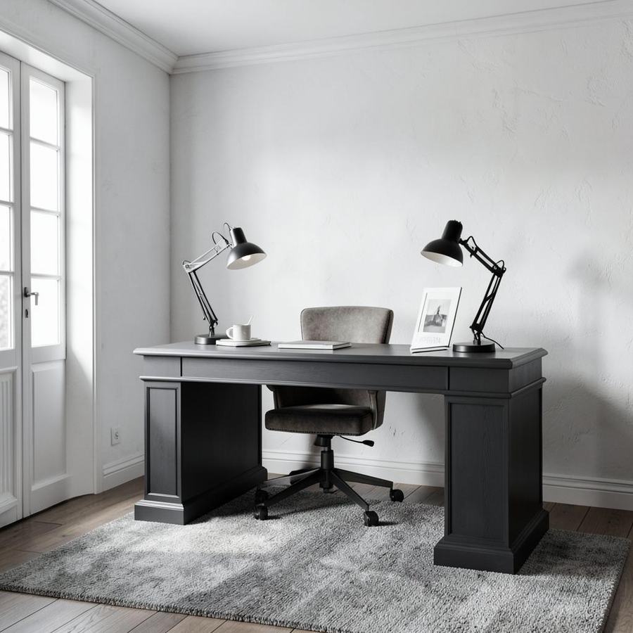 Monochrome home office with charcoal desk and black task lighting