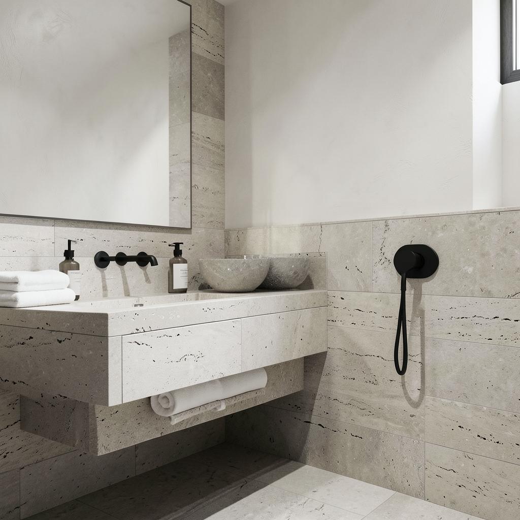 Limestone bathroom with matte black fixtures