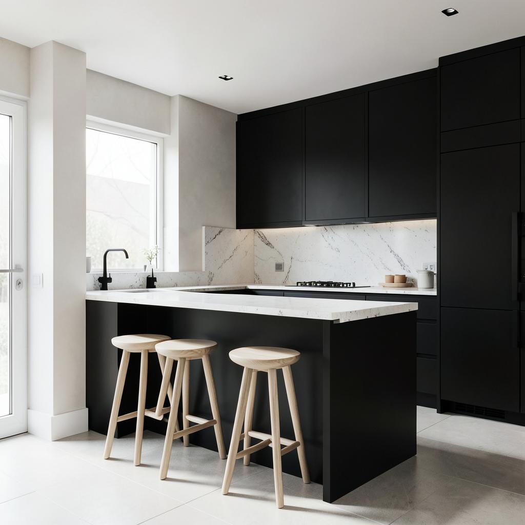 Modern kitchen with black cabinetry and white stone