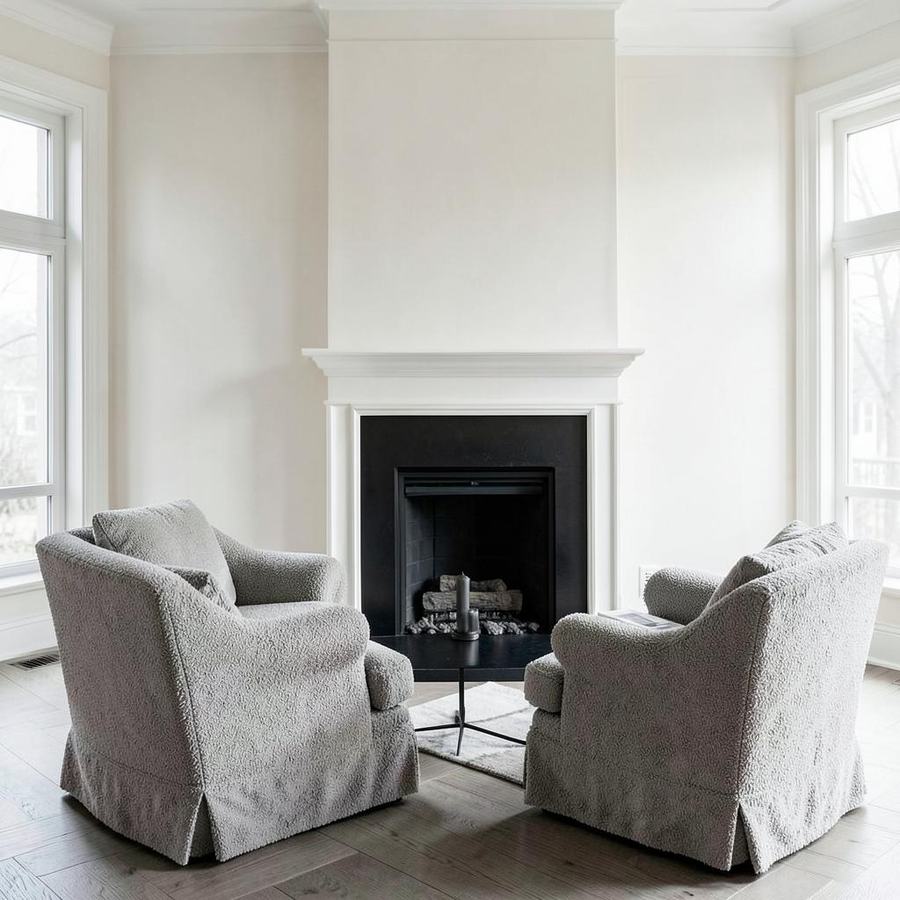 Sitting room with greige boucle chairs and black fireplace