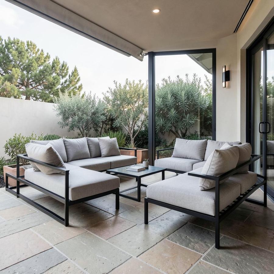Covered terrace with black steel frames and greige cushions