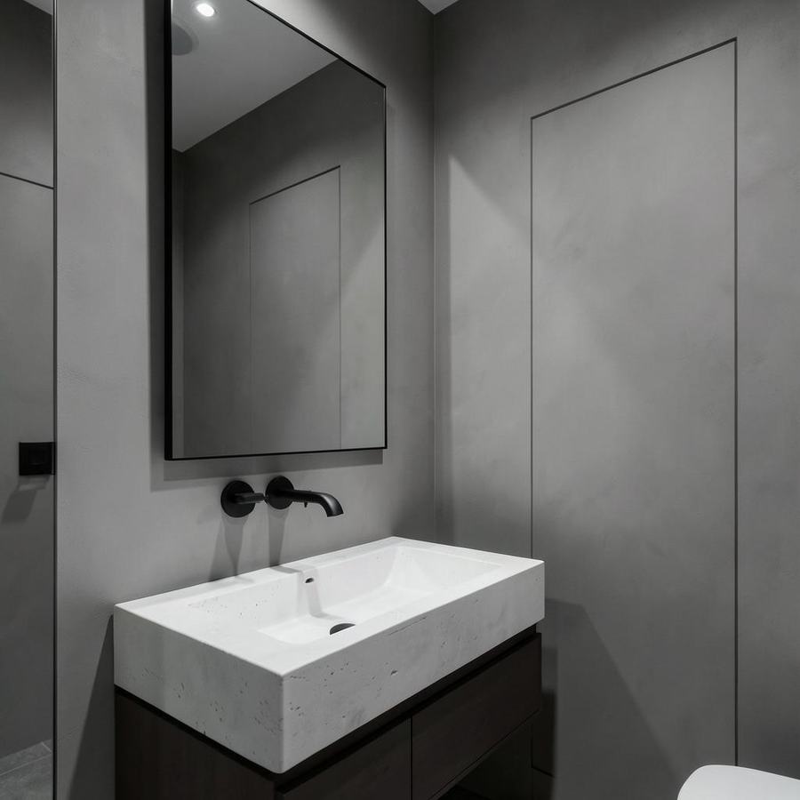 Powder room with stone basin and matte black fittings