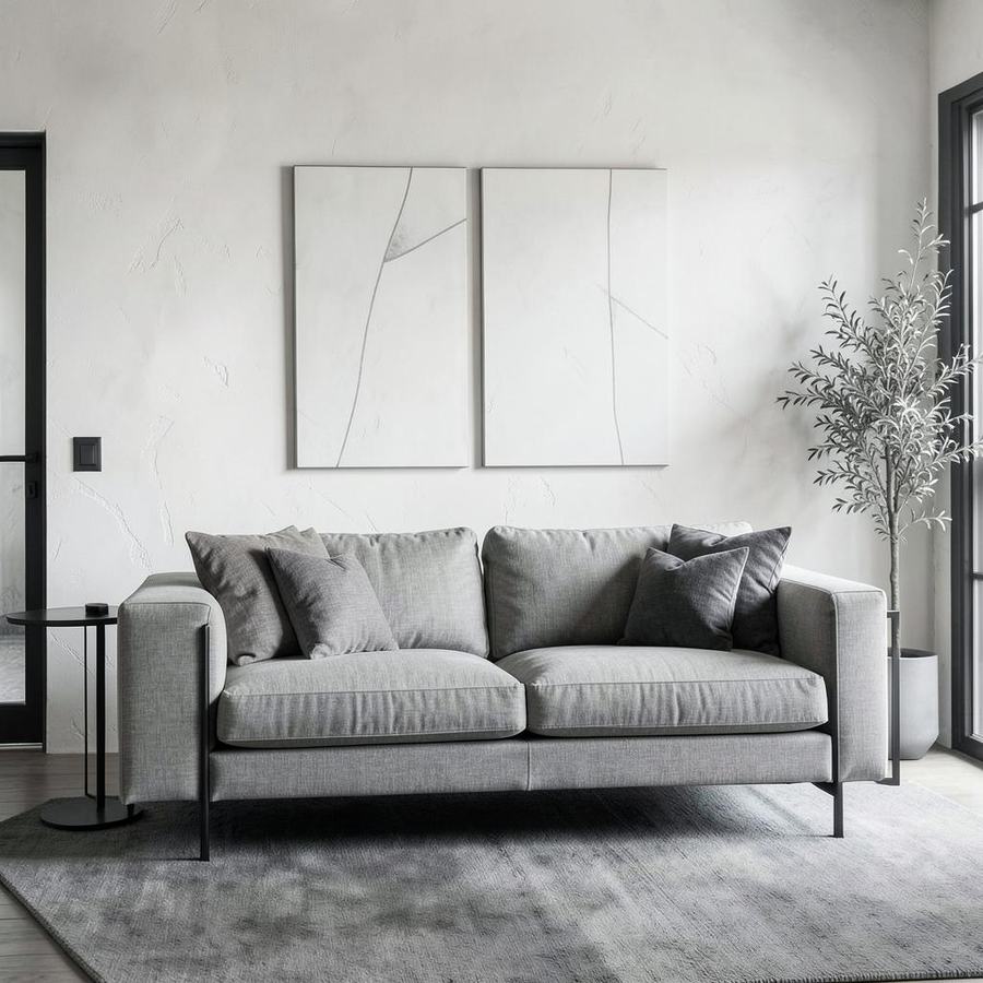Light monochrome living room with linen sofa and matte black details