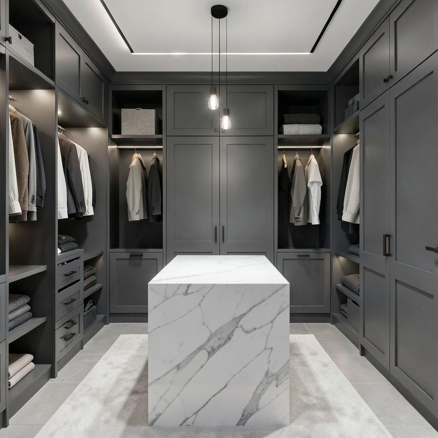 Dressing room with charcoal cabinetry and white stone island