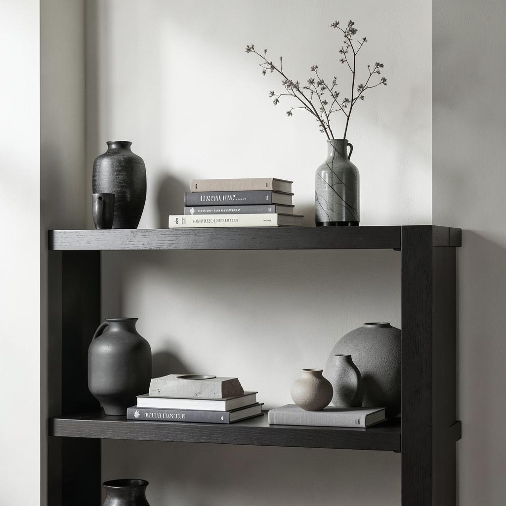 Styled shelving in charcoal and greige objects