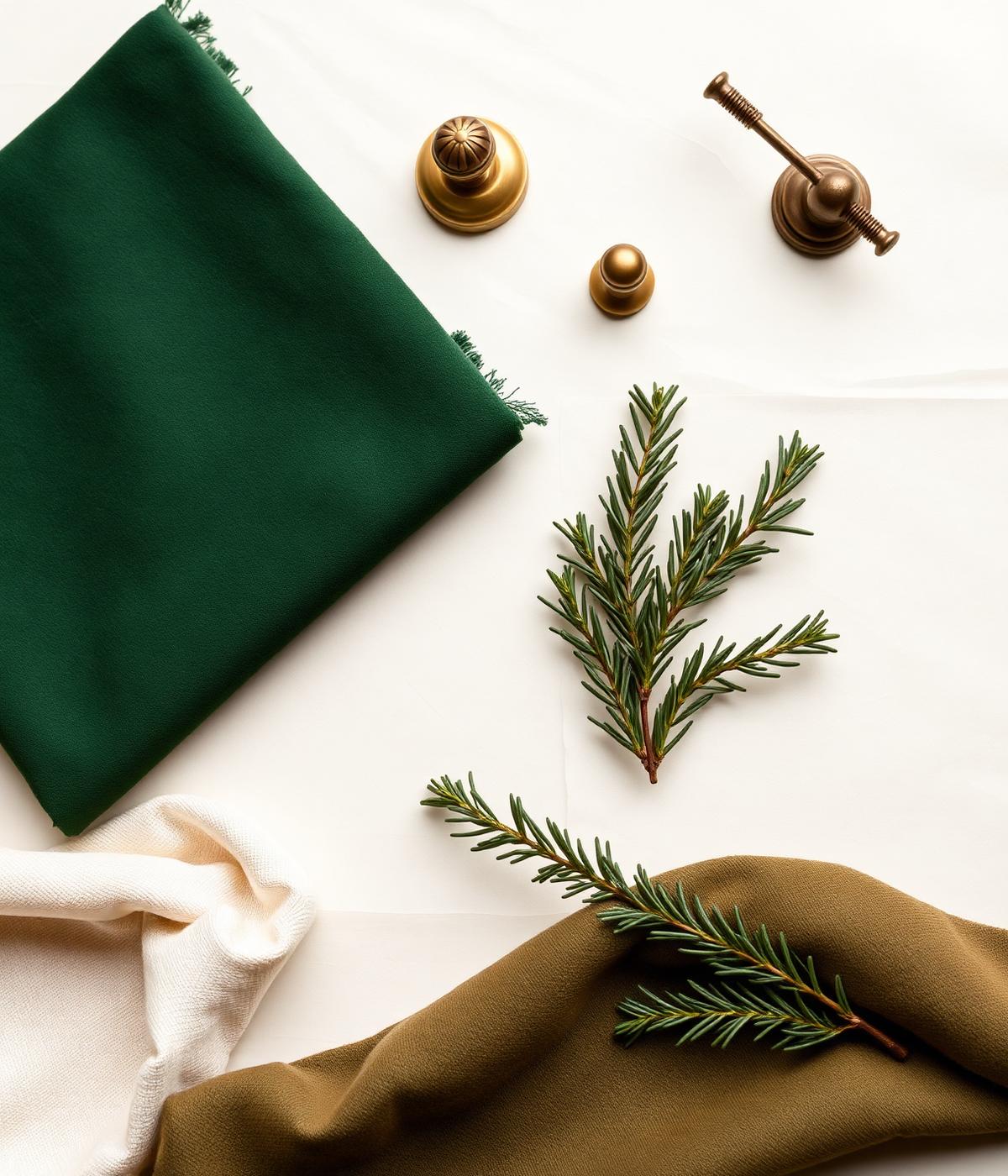 Flat-lay of design materials, folded fabric swatches, brass hardware, and fresh greenery on ivory paper