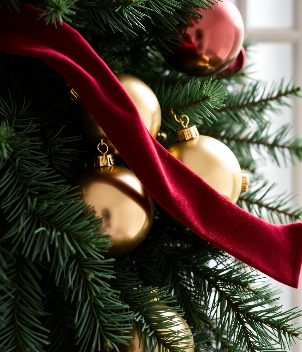 Close-up of Christmas garland with velvet ribbon and brass ornaments