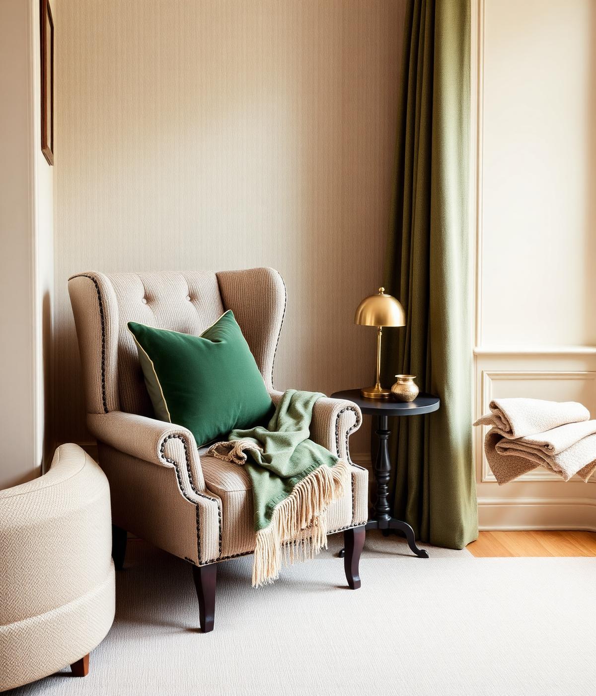 Traditional interior vignette with wingback chair and layered textiles